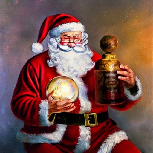 Image similar to an ultra - realistic oil painting of santa claus holding a snowglobe in the style of frank frazetta. 4 k. ultra - realistic. highly detailed. dark fantasy. epic lighting.