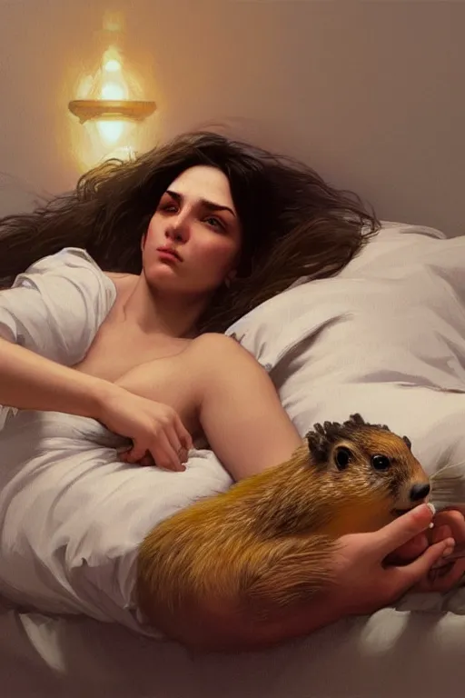 Image similar to groundhog cooking heroin lies on the bed, realistic portrait, highly detailed, digital painting, artstation, concept art, smooth, sharp focus, illustration, cinematic lighting, art by artgerm and greg rutkowski and alphonse mucha