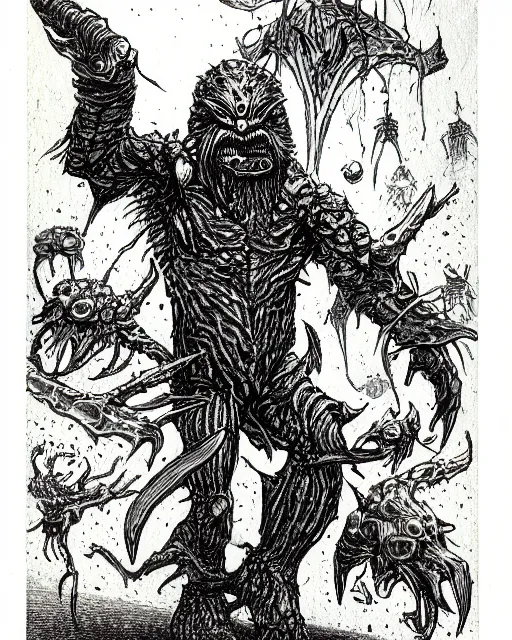 Prompt: a micronaut pharoid, full body, pen - and - ink illustration, etching, by russ nicholson, david a trampier, larry elmore, 1 9 8 1, hq scan, intricate details, monster manula, fiend folio