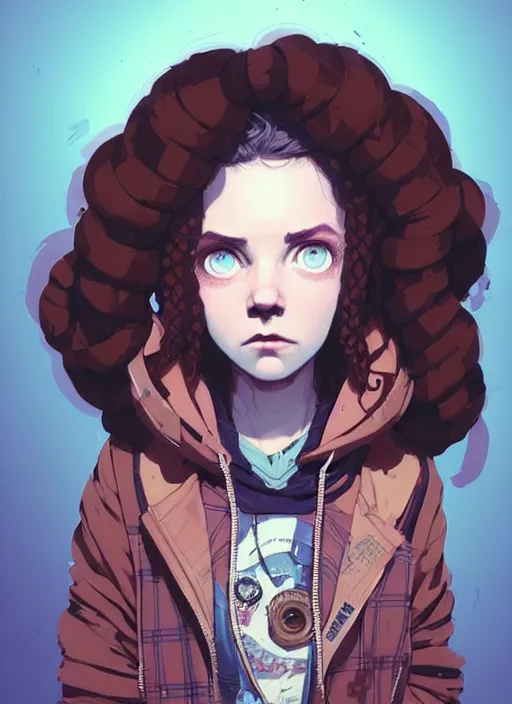 Prompt: highly detailed portrait of a sewer punk young adult lady, blue eyes, tartan hoody, ringlet hair by atey ghailan, by greg rutkowski, by greg tocchini, by james gilleard, by joe fenton, by kaethe butcher, gradient pink, brown, light blue and white color scheme, grunge aesthetic!!! ( ( graffiti tag wall background ) )
