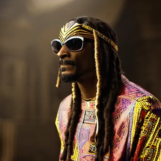 Prompt: film still of Snoop Dogg as T’Chala in the new Black Panther movie