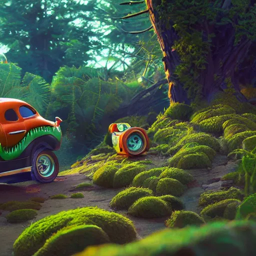 Image similar to tiny cars, phone time machine, bioluminescence, vegetation, colorful, rim light, highly detailed, tilt shift, digital painting, concept art, smooth, sharp focus, pleasing aesthetics, 3 d render, octane render, disney pixar, 4 k