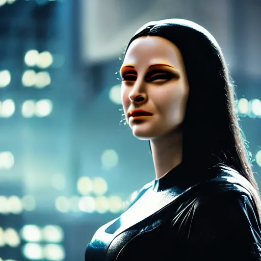 Image similar to cinematic movie still of cybernetic character named Mona Lisa in The Matrix, futuristic eye implant, cyberpunk, XF IQ4, 150MP, 50mm, F1.4, ISO 200, 1/160s, twilight in the city