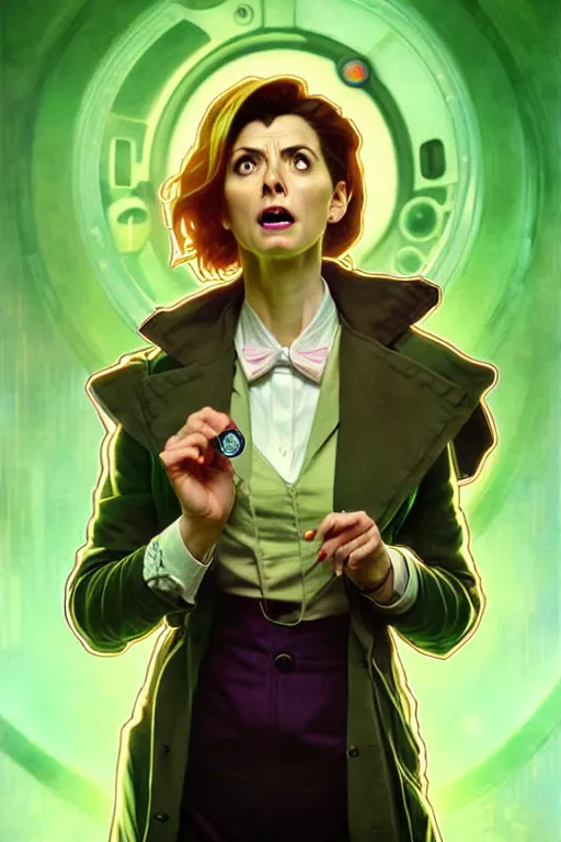 Image similar to doctor who, woman, as a mad dentist, on a plain green background, art by artgerm and greg rutkowski and alphonse mucha