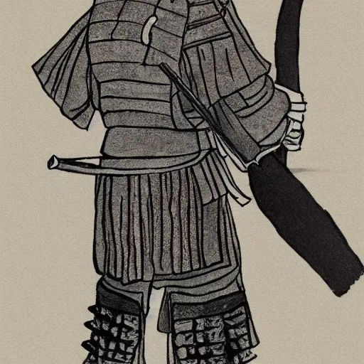 Image similar to A FULL BODY PORTRAIT FROM BEHIND OF A SAMURAI WITH A KATANA AND A CHAIN , ink style , sketch