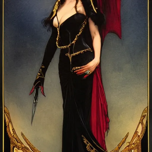 Image similar to an extremely detailed matte painting of a vampire queen in a resplendent black dress with gold and crimson trim and a long leg slit, in the style of magic the gathering, 8 k, sharp focus, detailed face, art by john collier and albert aublet and krenz cushart and artem demura and alphonse mucha