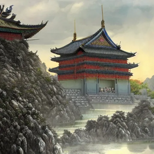 Image similar to dynamic composition, motion, ultra-detailed, incredibly detailed, a lot of details, amazing fine details and brush strokes, colorful and grayish palette, smooth, HD semirealistic anime CG concept art digital painting, watercolor oil painting of epic castle gate, from Three Kingdoms, by a Chinese artist at ArtStation, by Huang Guangjian, Fenghua Zhong, Ruan Jia, Xin Jin and Wei Chang. Realistic artwork of a Chinese videogame, gradients, gentle an harmonic grayish colors.