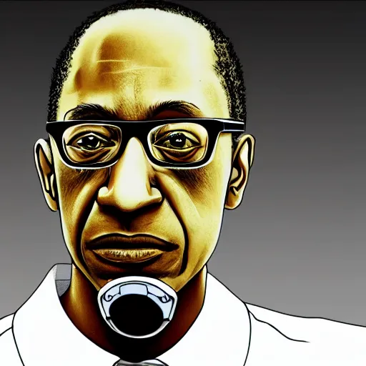 Image similar to gus fring with half his face mechanized and replaced with robotic parts