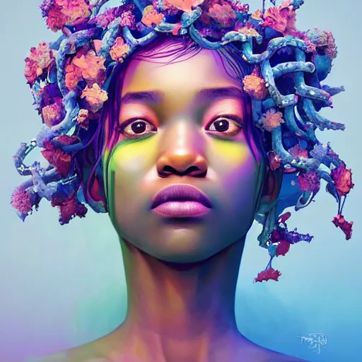 Image similar to colourful vfx art - portrait of nigerian girl wrapped in flowers & vines, art by hsiao - ron cheng & james jean, volumetric light, ray tracing, sharp, detailed, digital painting, illustration, highly detailed, intricate detail, unreal engine, octane render, pinterest, behance, art station,
