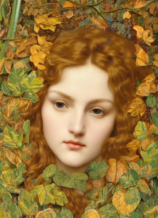 Image similar to masterpiece beautiful seductive flowing curves preraphaelite face portrait amongst leaves, extreme close up shot, straight bangs, thick set features, yellow ochre ornate medieval dress, raven, amongst foliage mushroom forest circle arch framing, frederic leighton and kilian eng and rosetti, 4 k
