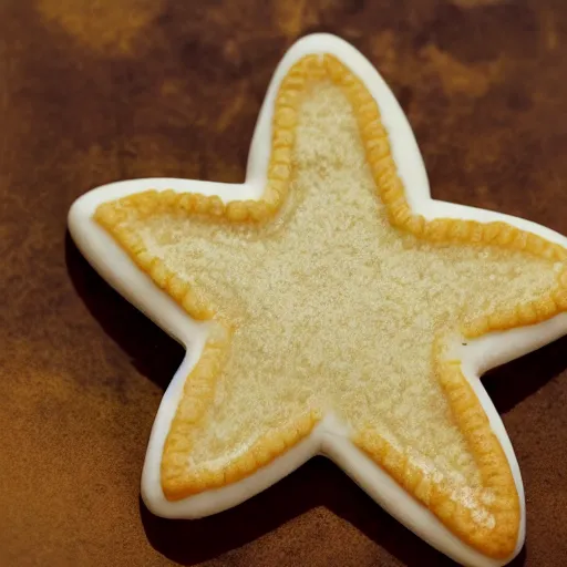 Prompt: close view of a star shaped cookie, warm dim light