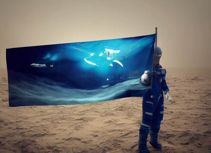 Image similar to astronaut holding a flag in an underwater desert. a submarine is visible in the distance. dark, concept art, cinematic, dramatic, atmospheric, 8 k, trending on artstation, blue, fish, low visibility, fog, ocean floor, christopher nolan, interstellar