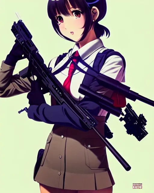 Prompt: anime!!! a pretty girl wearing a school uniform and holding a psg - 1 sniper rifle. symmetry face. realistic shaded lighting poster by ilya kuvshinov, katsuhiro otomo, kidmo!!!, trending on artstation, magali villeneuve, artgerm, jeremy lipkin and michael garmash