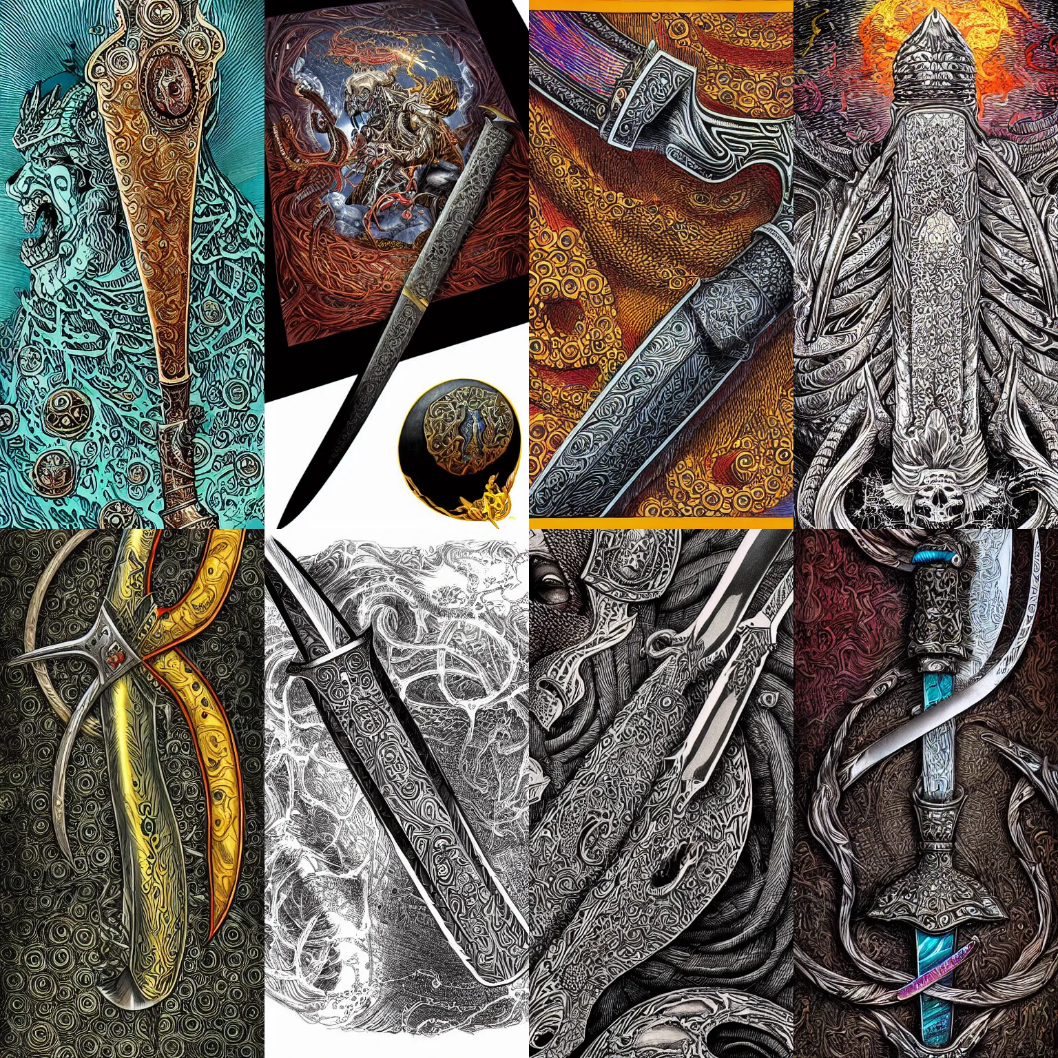 Prompt: highly detailed elden ring illustration of a damascus sword engraved with symbols, beautiful colors, hyperrealistic clean shaped illustration by ric estrada, ron english and eiichiro oda