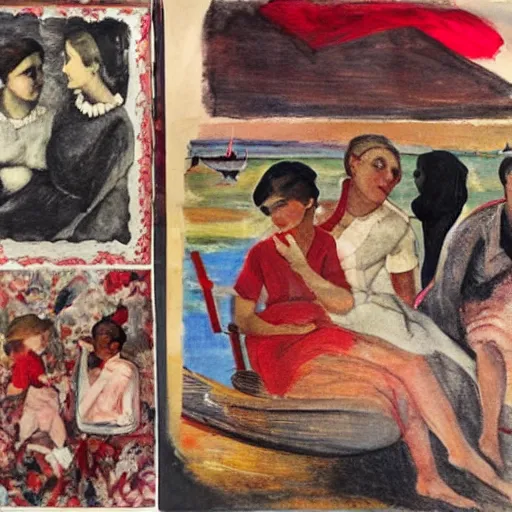 Image similar to rich details red by max weber. the collage of a group of well - dressed women & children enjoying a leisurely boat ride on a calm day. the women are chatting & laughing while the children play with a toy boat in the foreground.