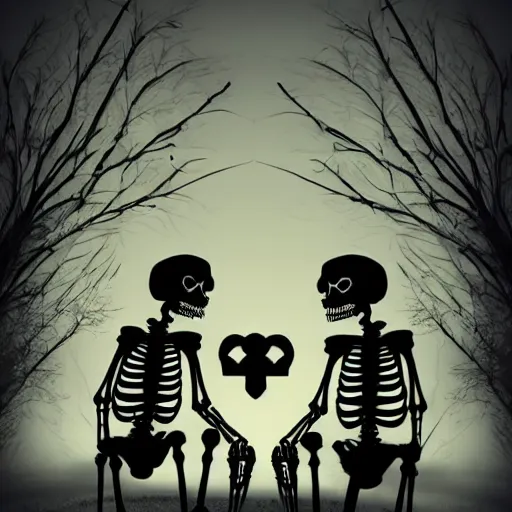 Image similar to A skeleton couple on a date in a spooky graveyard, dark, eerie, romantic, photorealistic