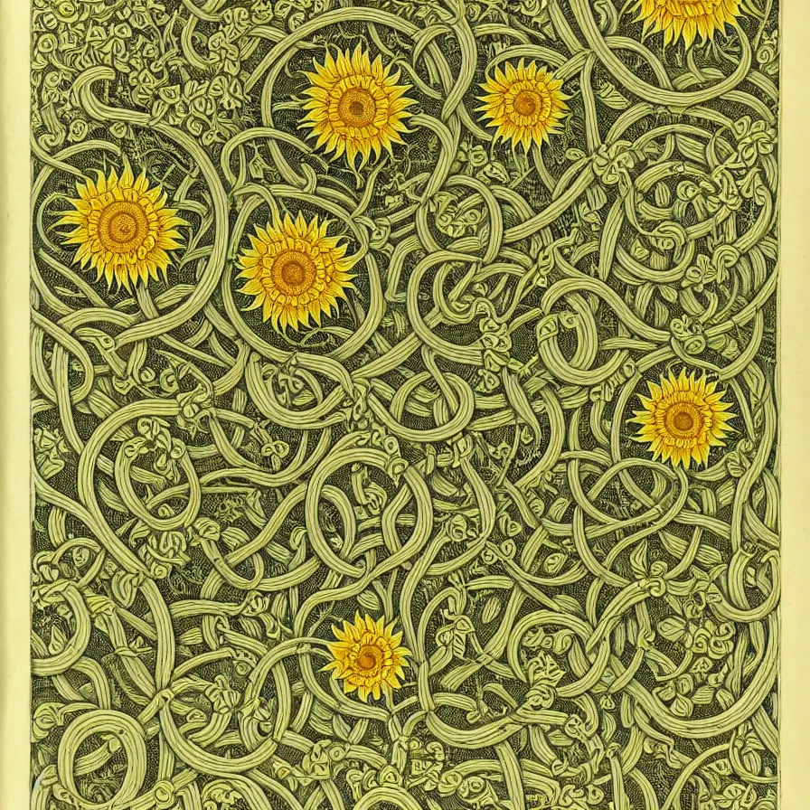 Prompt: an ornate illustration in the styles of mandalas and fractals, the styles of escher and penrose, depicting sunflowers and vines.