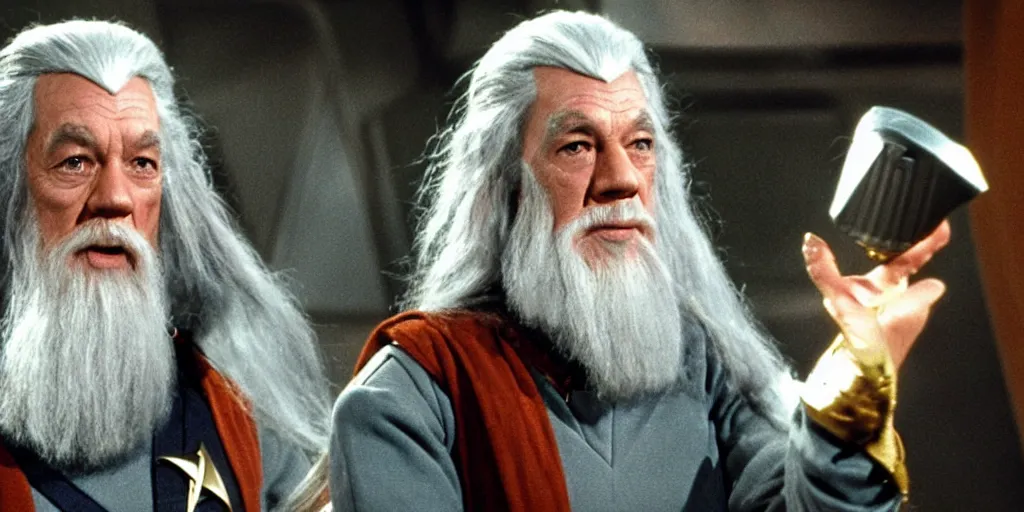 Prompt: Gandalf, in starfleet uniform, in the role of Captain Kirk in a scene from Star Trek the original series
