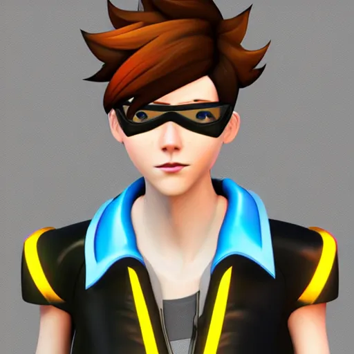 Image similar to digital painting of tracer overwatch wearing large leather collar, standing in city area, 4 k, realistic,