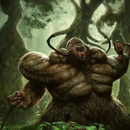 Prompt: a giant ettin with two heads from dnd in a dark forest, digital art, high quality render, artstation
