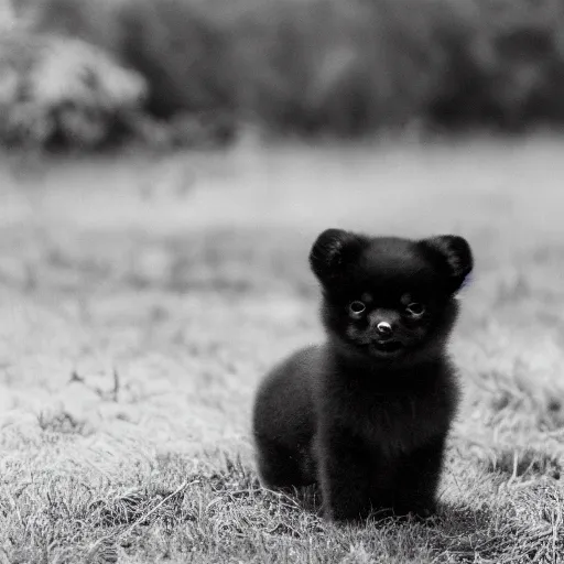 Prompt: melancholic vintage black and white photo of a baby Pomeranian staring at the camera calmly next to a sleeping elephant in the distance, Zambian meadow and lots of rain