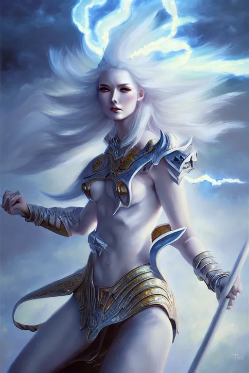 Prompt: oil painting, white, sakimi chan, detailed face, fantasy armor, flying, tony sart, wind, lightning, dramatic lighting