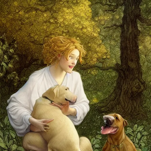 Prompt: pretty girl with curly blonde hair sits in a forest while petting a white pitbull, highly detailed, painting by rebecca guay