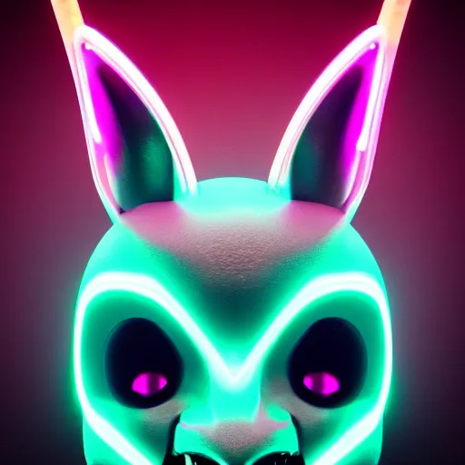 Image similar to synthwave demonic rabbit toy face with neon horns, detailed face, sharp focus, synthwave art, aesthetic, octane render, raw, cinematic
