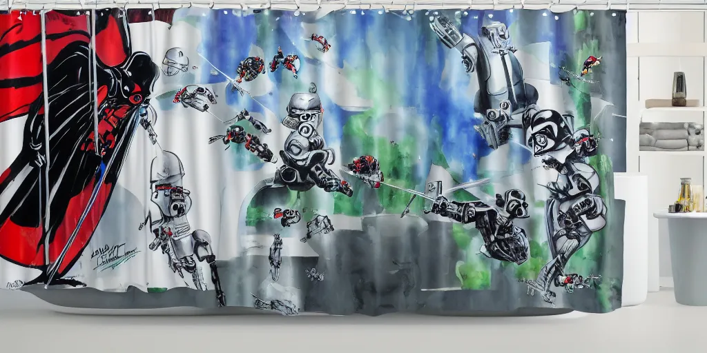 Image similar to shower curtain product catalog. wide - angle photo. on the curtain is a low - angle hero - shot watercolor of a ladybug robot fighting against darth vader. the robot has an epic showdown with darth vader. the water color has ink under drawing. highly coherent, product photography of a shower curtain, product lighting. 4 k, highly detailed. saturated.