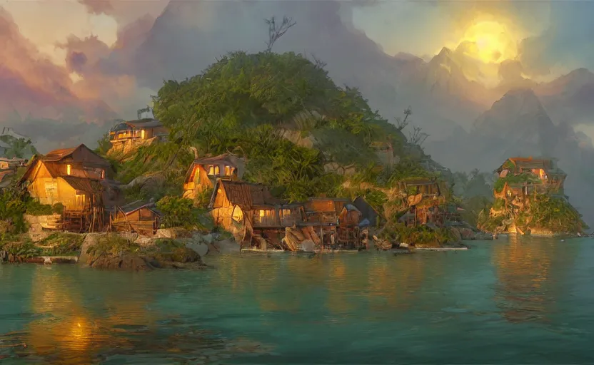 Prompt: a fisher village on an island, scenic view, sunset, matte painting by marc simonetti and rhads and donato giancola, trending on artstation