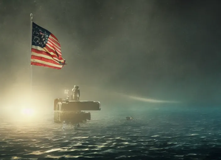 Image similar to astronaut holding a flag in an underwater desert. a submarine is visible in the distance. dark, concept art, cinematic, dramatic, atmospheric, 8 k, trending on artstation, blue, fish, low visibility, fog, ocean floor, christopher nolan, interstellar