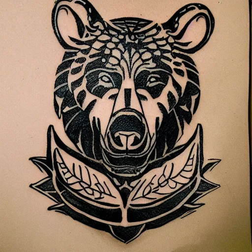 Image similar to tattoo design, stencil, bear, wreath surrounding bear
