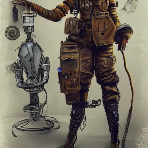 Image similar to highly detailed character concept art of stoic heroic emotionless square-jawed butch blonde tattooed woman engineer looking to side, wearing steampunk goggles and dirty ripped flight suit, on primitive planet, portrait, illustration, pulp sci fi, science fiction