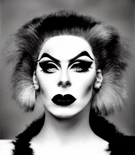 Image similar to a high quality, high detail, portrait of a drag queen by richard avedon, intense look in the eyes, moody, nostalgic