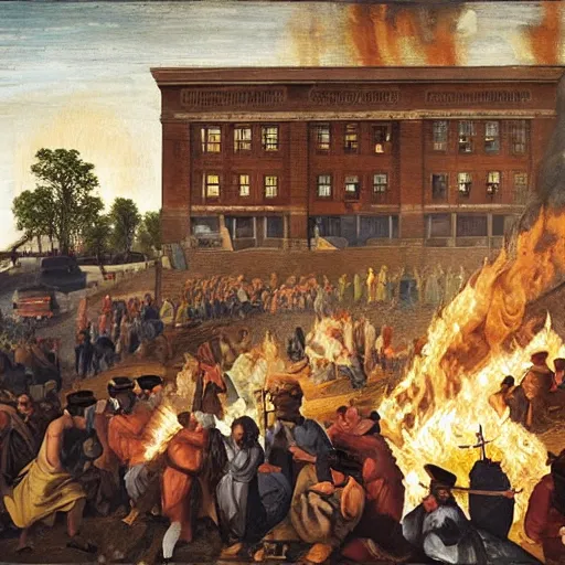 Prompt: the burning of the third precinct in Minneapolis, a Renaissance painting