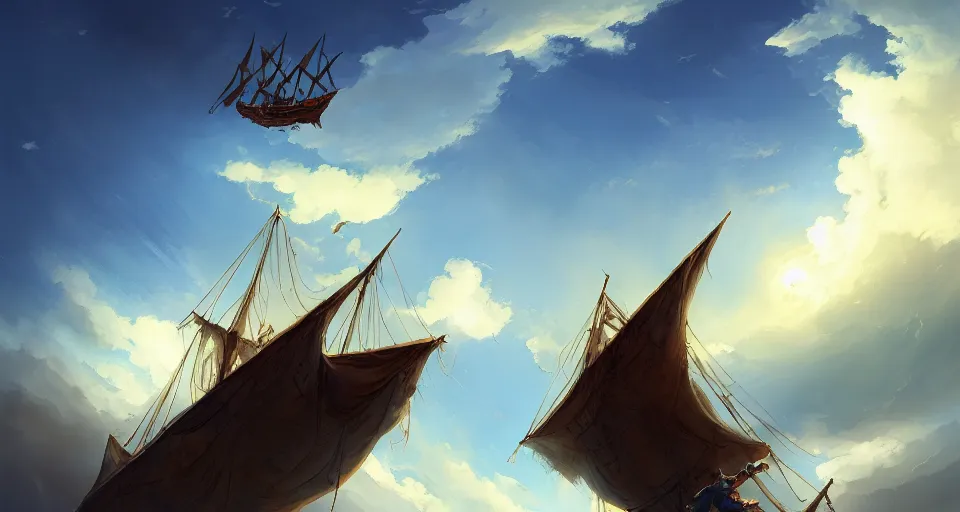 Prompt: a boy being thrown off of a large wooden fantasy sky - ship with horizontal sails flying through the clouds with blue sky, andreas rocha style