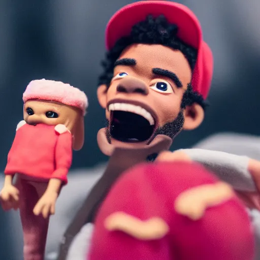 Image similar to a cinematic film still of a claymation stop motion film starring chance the rapper as a college student, shallow depth of field, 8 0 mm, f 1. 8