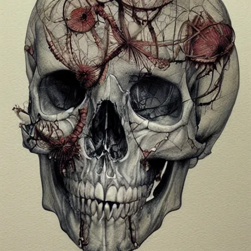 Image similar to Painting, Creative Design, Human Skull, Biopunk, Body horror, by Marco Mazzoni