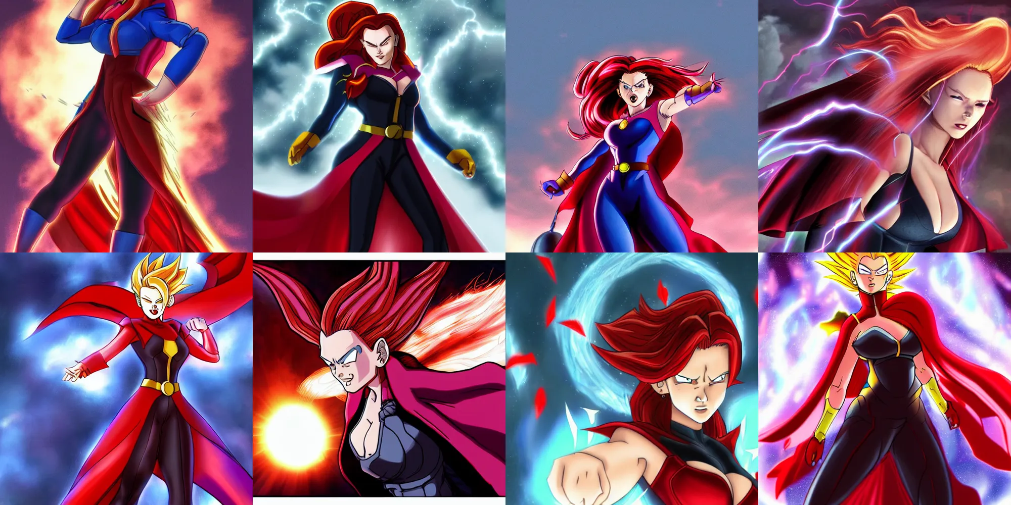 Prompt: scarlett witch, fantasy, castle, super sayain, dragonball z, ultra instinct, anime, art of akira toriyama, trending on devianart, 4 k, high quality