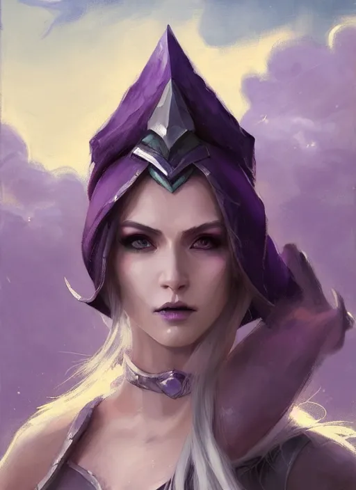 Prompt: portrait of mage Syndra from League of Legends, countryside, calm, fantasy character portrait, dynamic pose, above view, sunny day, thunder clouds in the sky, artwork by Jeremy Lipkin and Giuseppe Dangelico Pino and Michael Garmash and Rob Rey, very coherent asymmetrical artwork, sharp edges, perfect face, simple form, 100mm