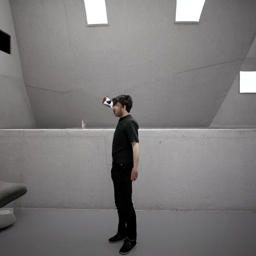 Image similar to a man taking a selfie in a minimalistic concrete room, standing on the edge of a rectangular pond in the center of the room surrounded by upholstered sofas, a tilt shift photo by leandro erlich, featured on cg society, kitsch movement, hall of mirrors, high dynamic range, studio portrait