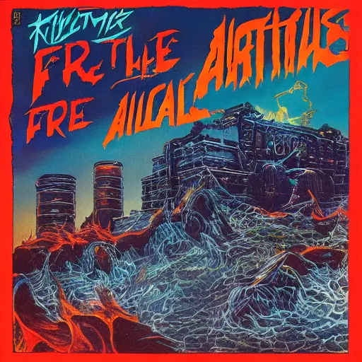 Prompt: the cover to a 1 9 8 8 metallica album titled'firebomb atlantis'