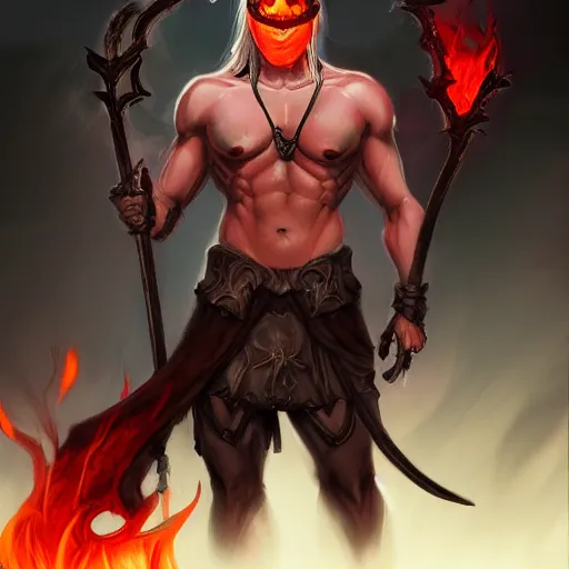 Prompt: concept art sketch, demonic muscular shirtless male night elf blindfolded with a black ponytail. in one hand he holds a flaming skull, in the other hand he holds an ornate enchanted scythe. trending on artstation, high quality concept art