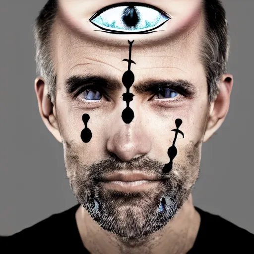 Prompt: photo of a man with three eyes with a third eye on forehead