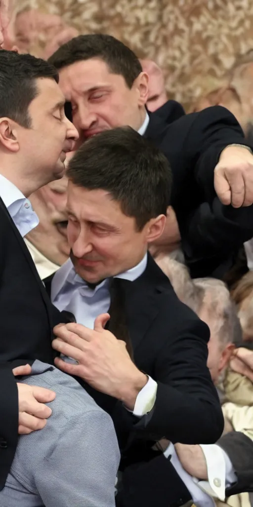 Image similar to Vladimir Putin kissing Volodymyr Zelenskyy