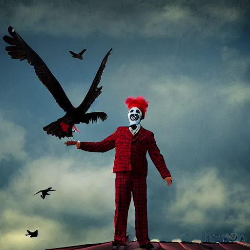 Image similar to A clown on the roof of the church playing with crows, futurist, digital art, dramatic lighting, symbolic