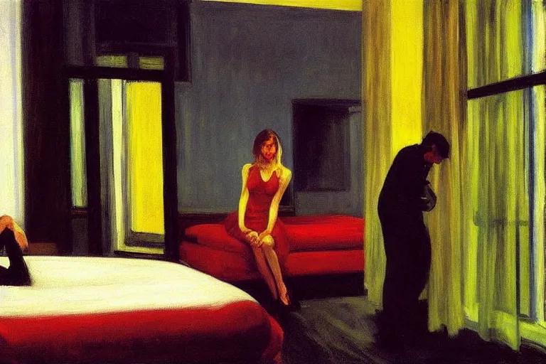 Prompt: the chelsea hotel, painting by edward hopper and eric fischl and robert mcginnis