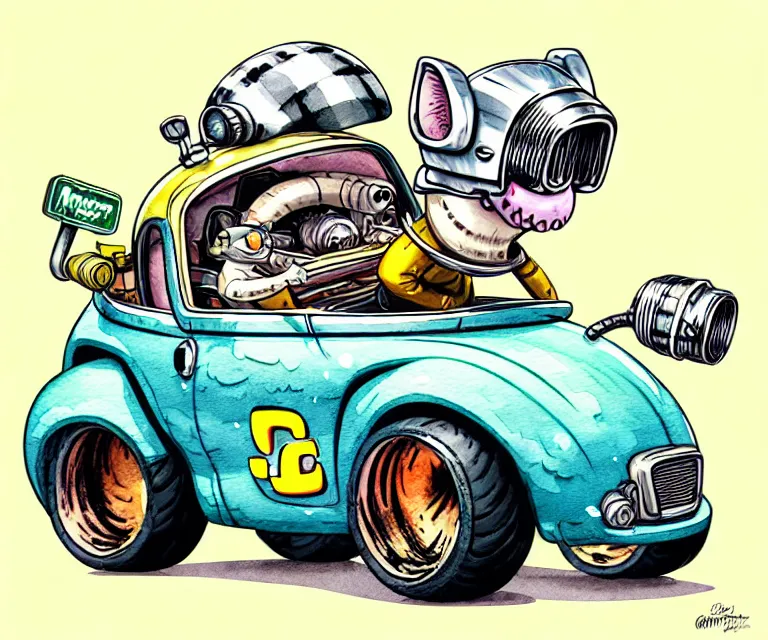 Image similar to cute and funny, mangalitsa wearing a helmet driving a tiny hot rod with an oversized engine, ratfink style by ed roth, centered award winning watercolor pen illustration, isometric illustration by chihiro iwasaki, edited by craola, tiny details by artgerm and watercolor girl, symmetrically isometrically centered