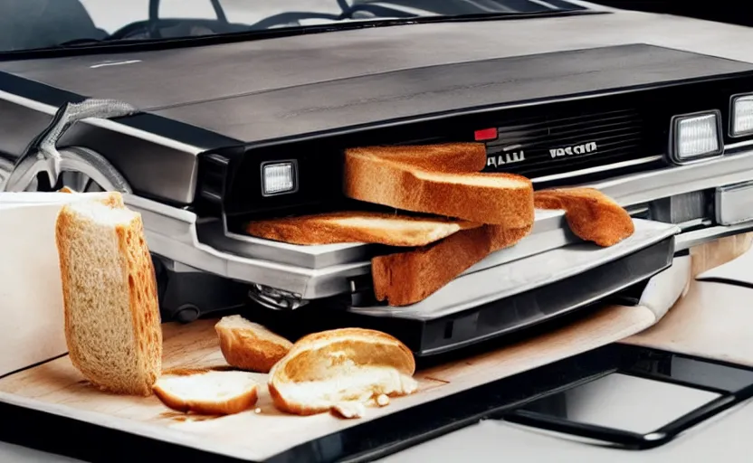 Image similar to a time-traveling delorean styled toaster with toast, bread inserted into slot, professional product shot, magazine ad