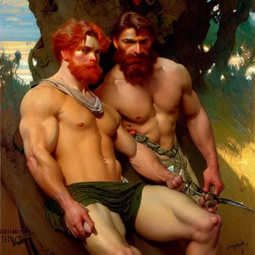 Image similar to attractive muscular mike with ginger hair and muscular attractive ty with brunet hair, drinking their hearts out, boys night out. highly detailed painting by gaston bussiere, craig mullins, j. c. leyendecker, alphonse mucha 8 k